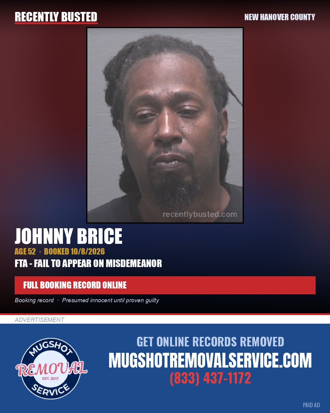 JOHNNY BRICE — arrest record card, New Hanover County