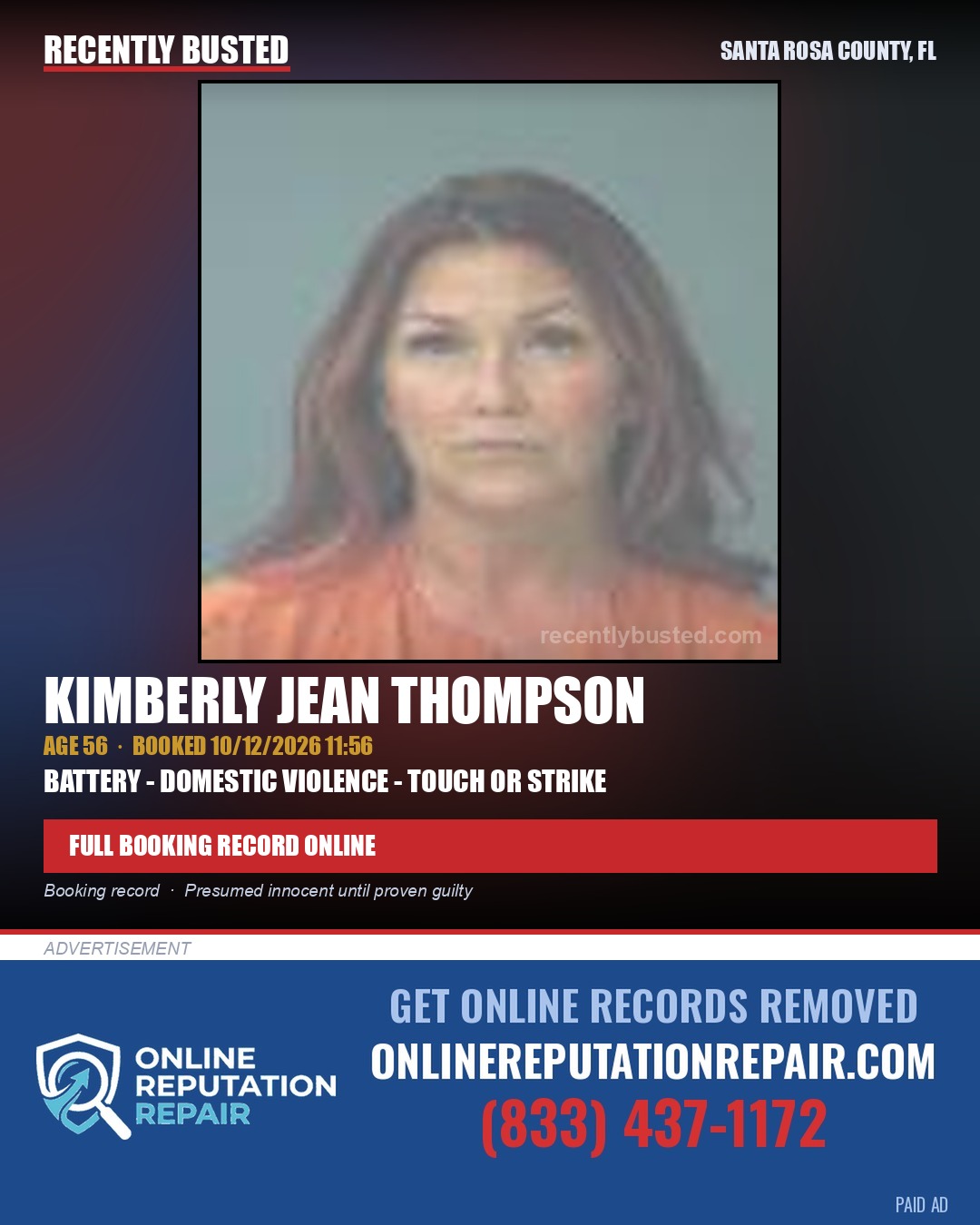 Kimberly Jean Thompson — arrest record card, Santa Rosa County, Florida