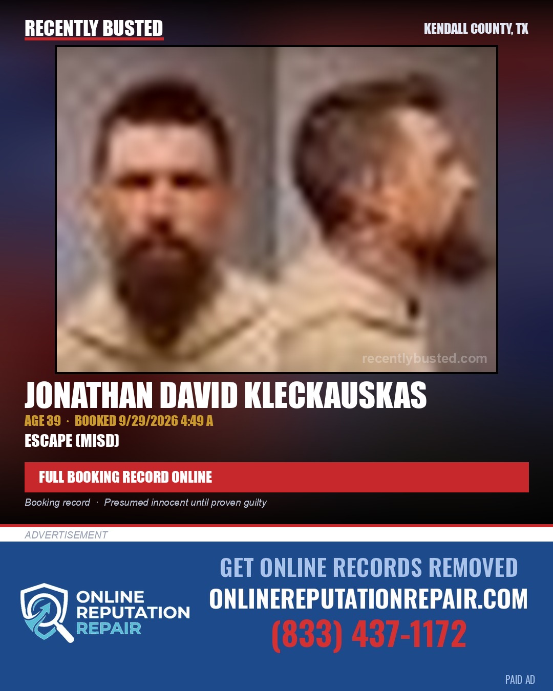 KLECKAUSKAS, JONATHAN DAVID — arrest record card, Kendall County, Illinois