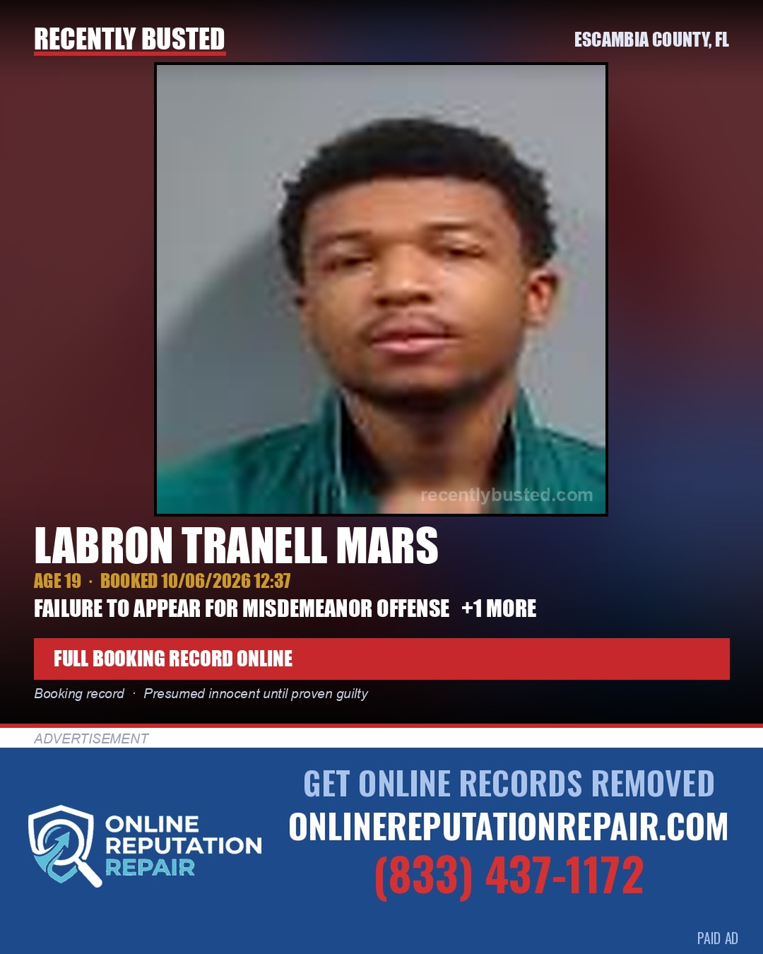 Labron Tranell Mars — arrest record card, Escambia County, Florida