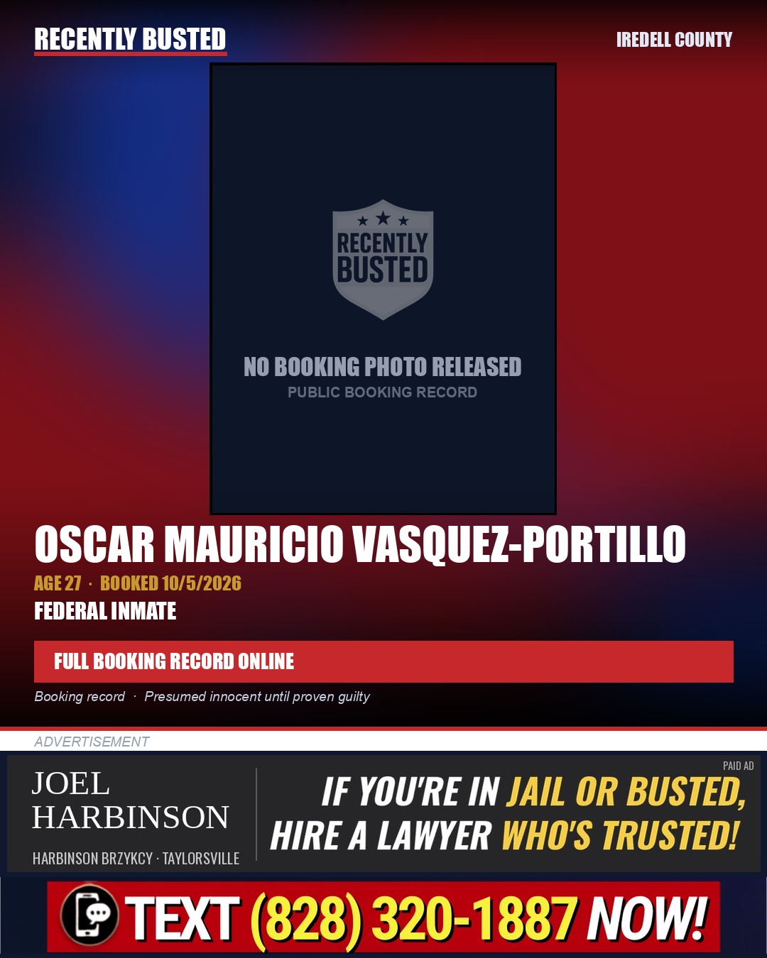 OSCAR MAURICIO VASQUEZ-PORTILLO — arrest record card, Iredell County
