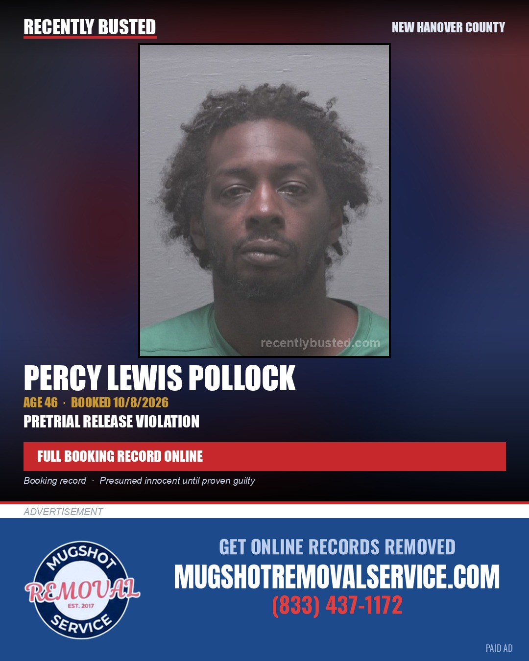 PERCY LEWIS POLLOCK — arrest record card, New Hanover County