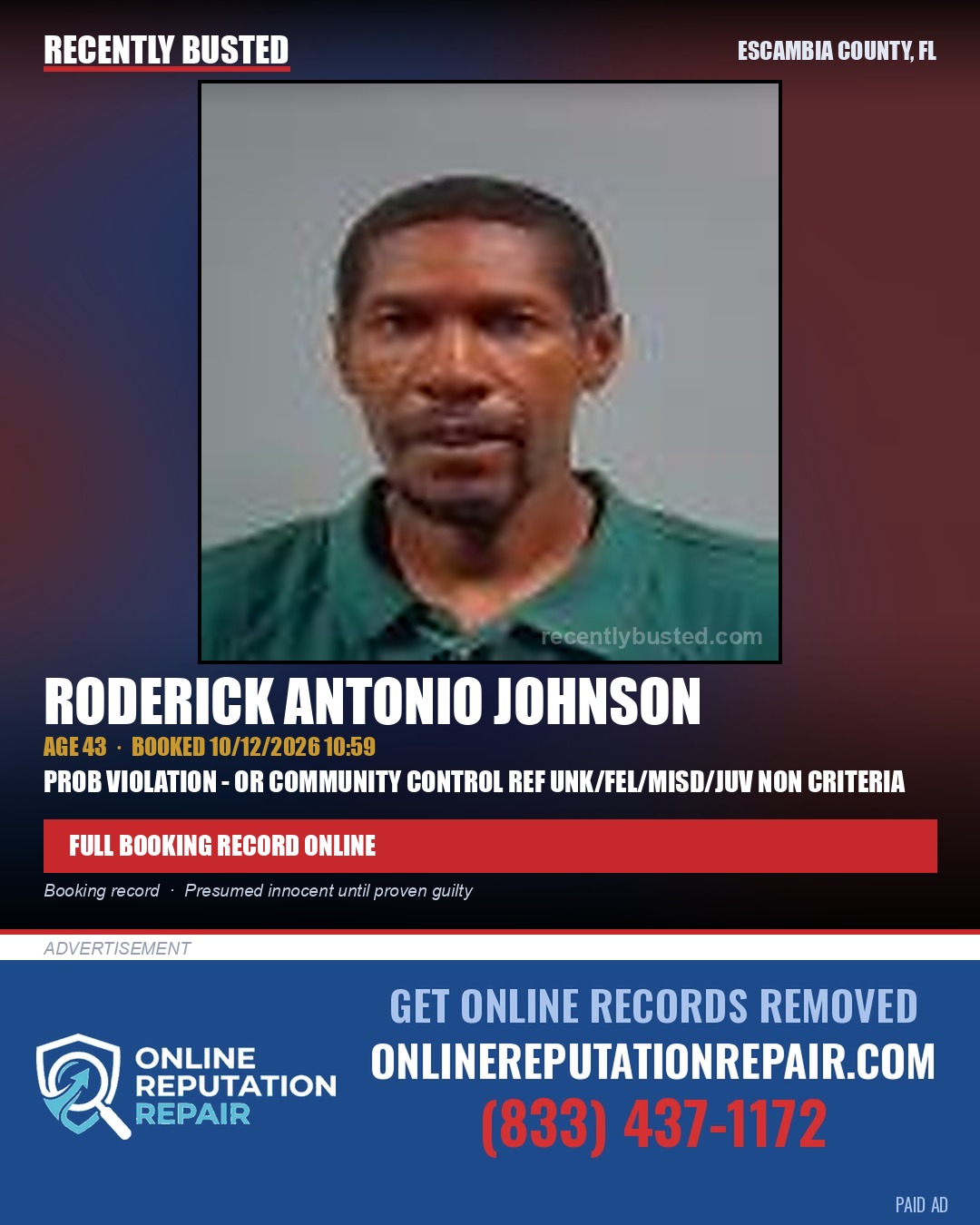 Roderick Antonio Johnson — arrest record card, Escambia County, Florida