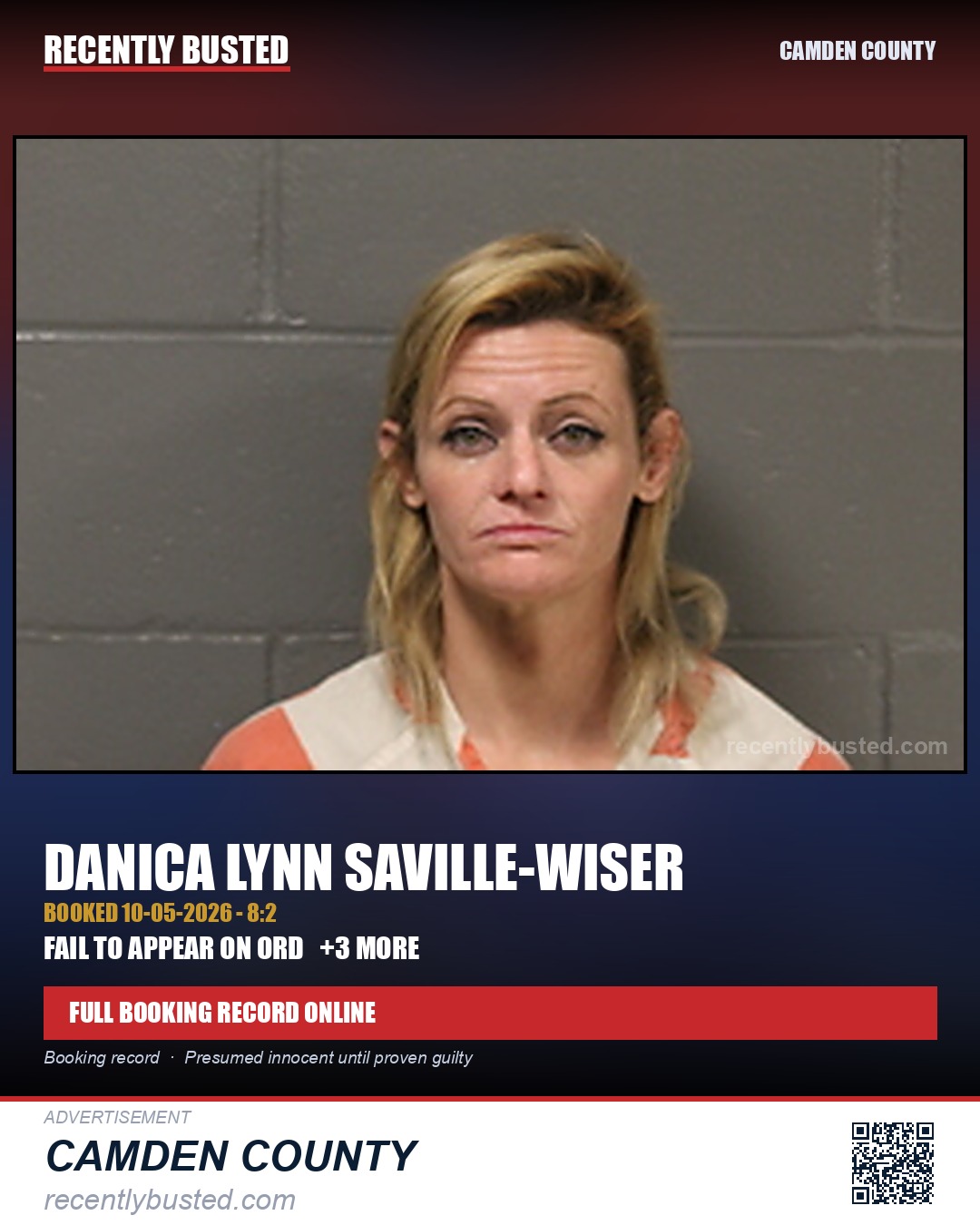 Saville-wiser, Danica Lynn — arrest record card, Camden County