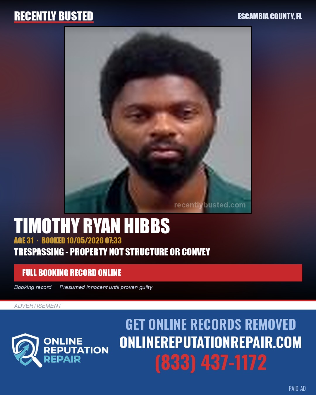 Timothy Ryan Hibbs — arrest record card, Escambia County, Florida