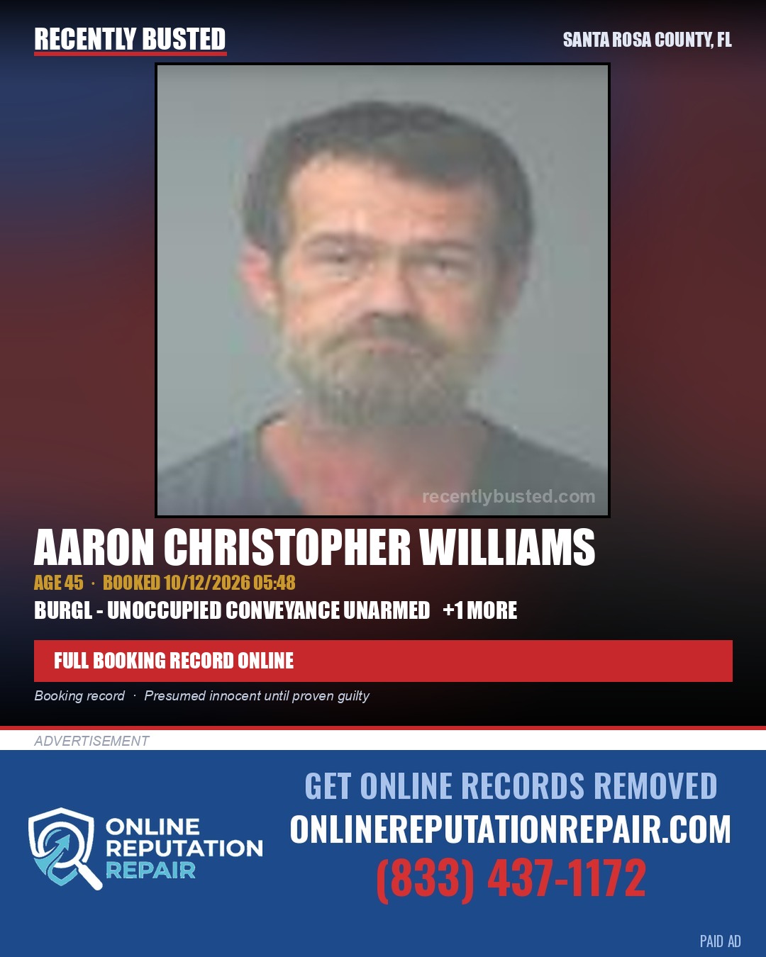 Aaron Christopher Williams — arrest record card, Santa Rosa County, Florida