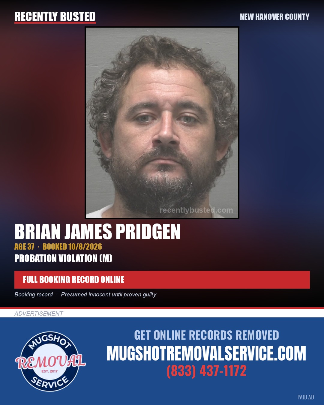 BRIAN JAMES PRIDGEN — arrest record card, New Hanover County