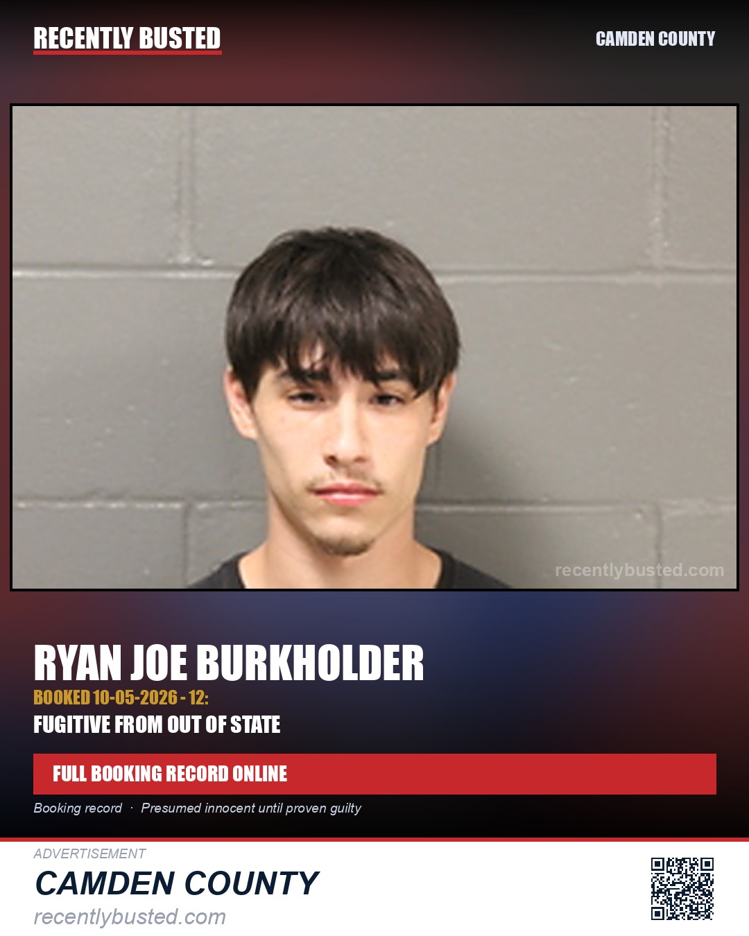 Burkholder, Ryan Joe — arrest record card, Camden County