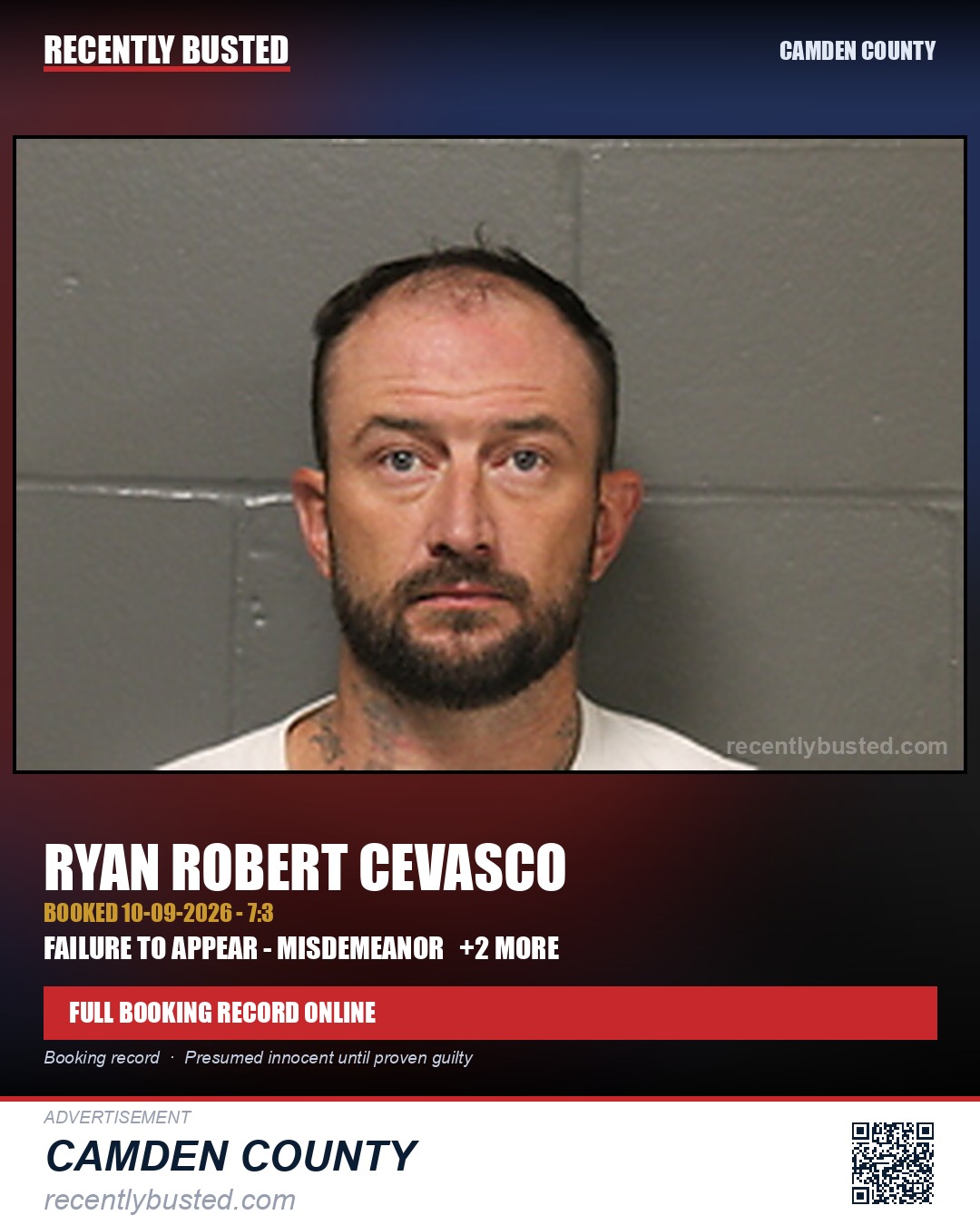 Cevasco, Ryan Robert — arrest record card, Camden County