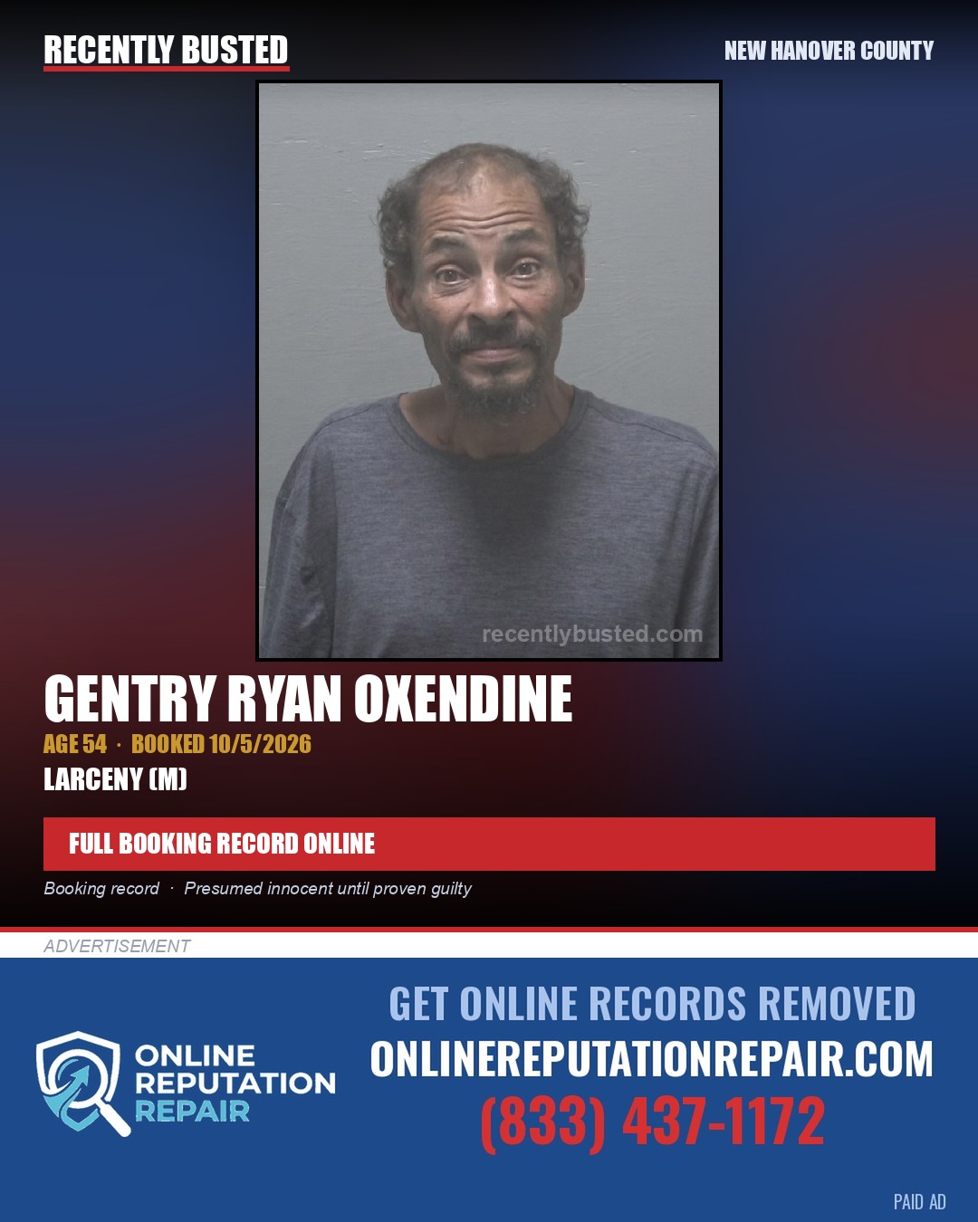GENTRY RYAN OXENDINE — arrest record card, New Hanover County