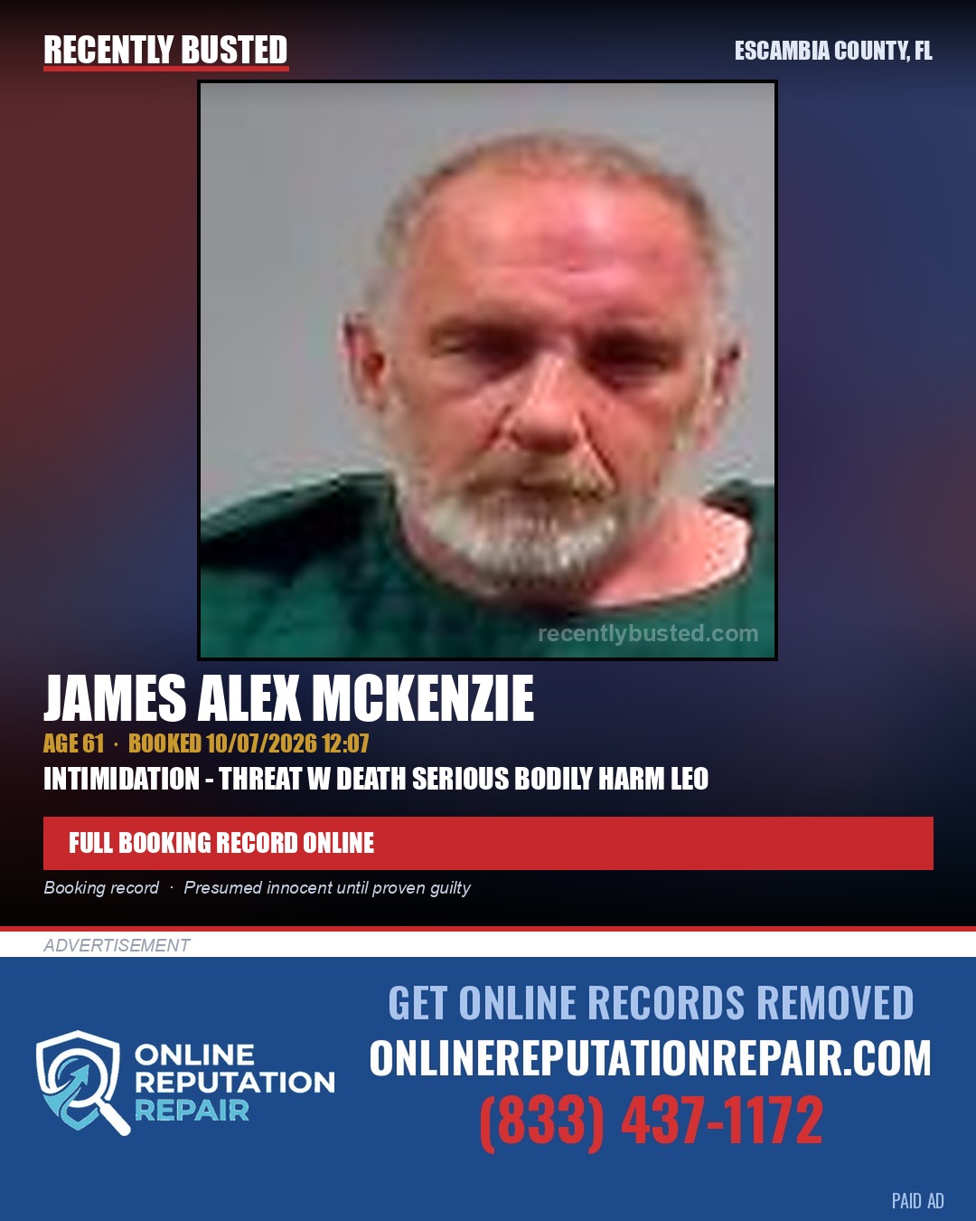 James Alex Mckenzie — arrest record card, Escambia County, Florida