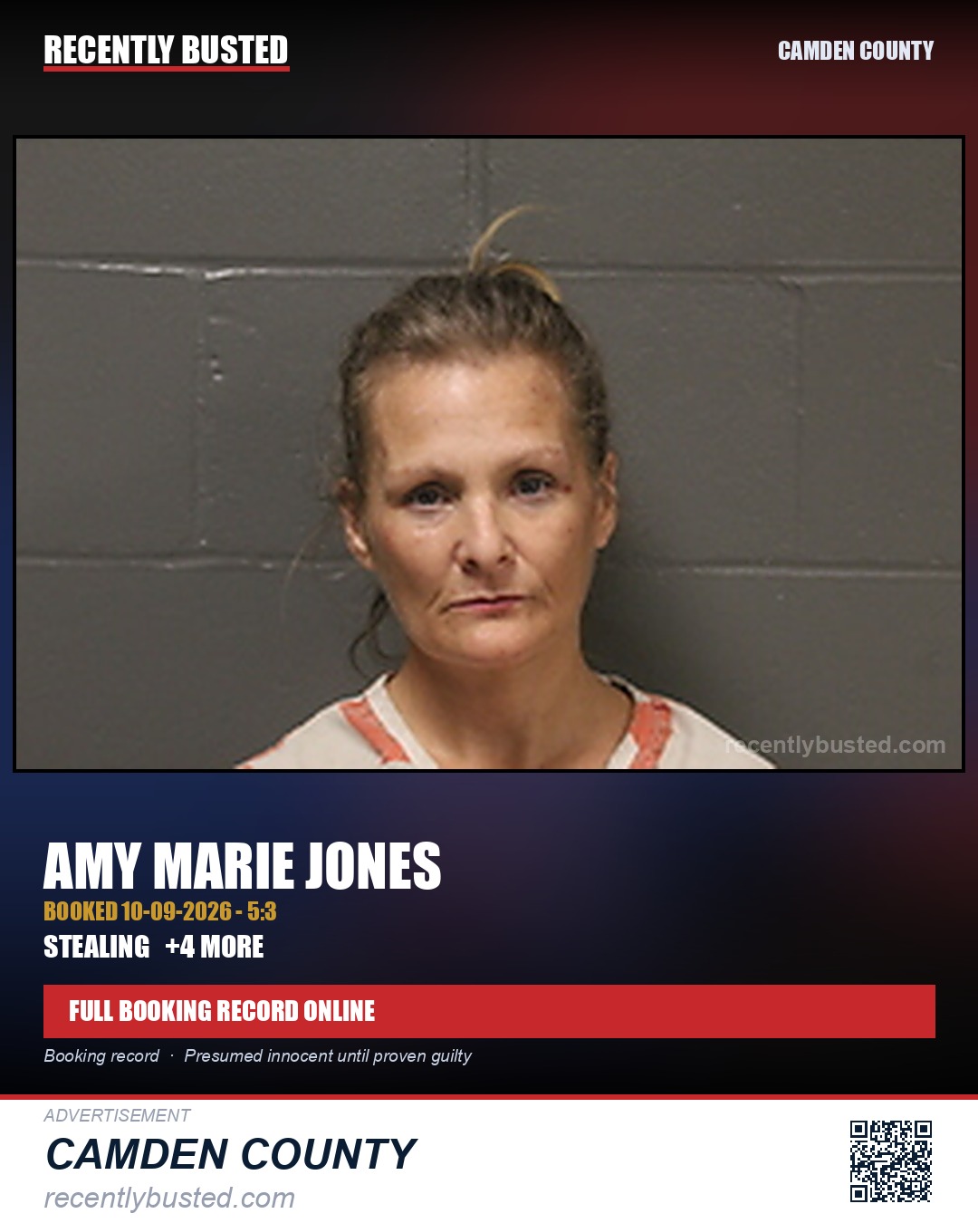 Jones, Amy Marie — arrest record card, Camden County