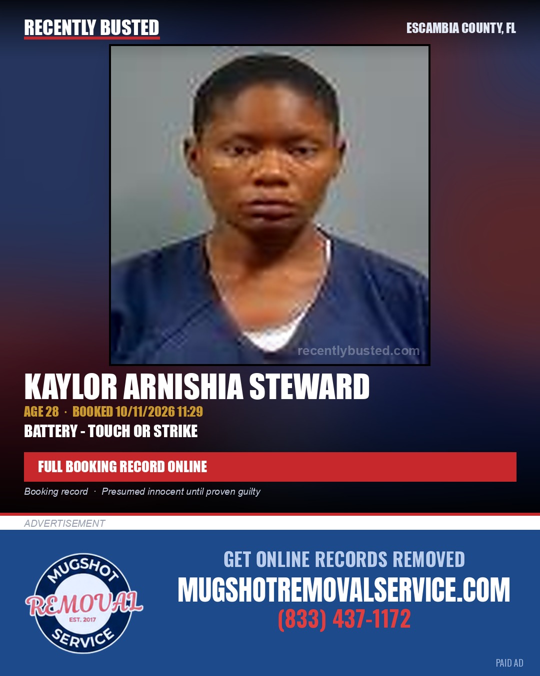 Kaylor Arnishia Steward — arrest record card, Escambia County, Florida