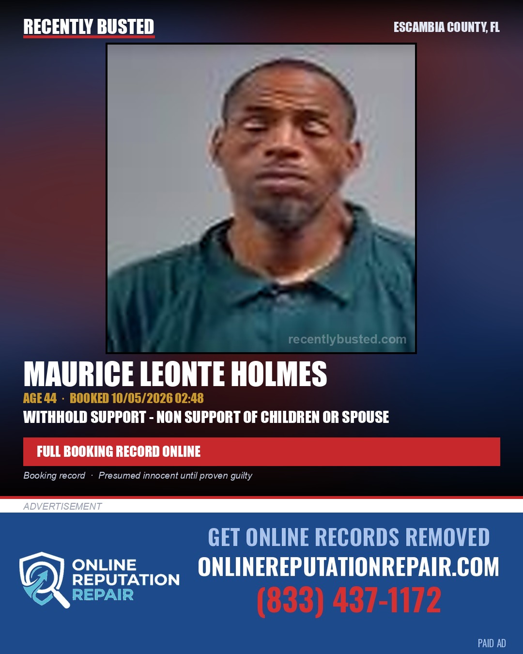 Maurice Leonte Holmes — arrest record card, Escambia County, Florida