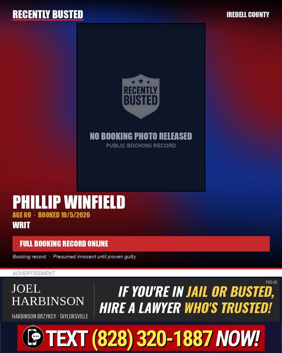 PHILLIP WINFIELD — arrest record card, Iredell County