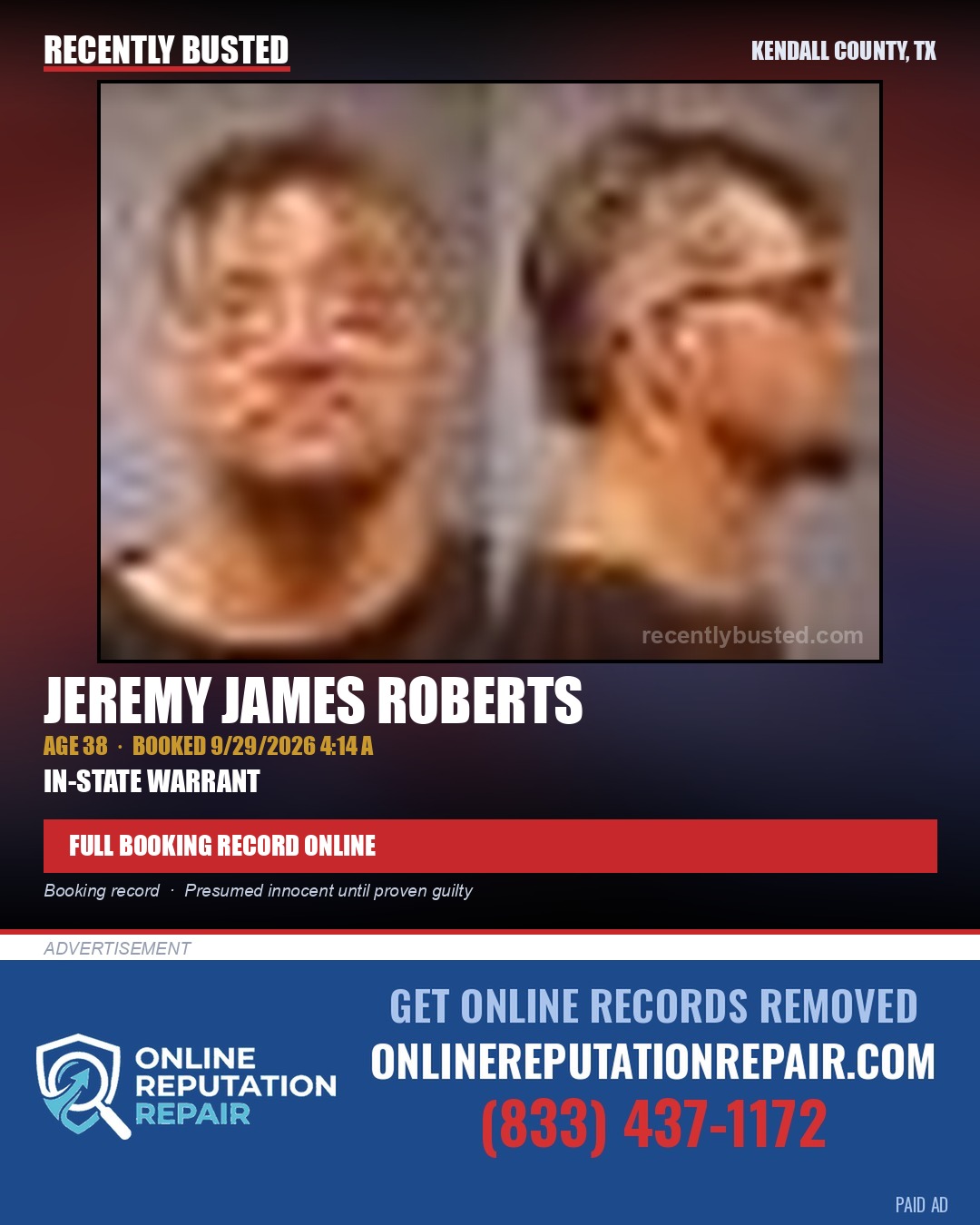 ROBERTS, JEREMY JAMES — arrest record card, Kendall County, Illinois