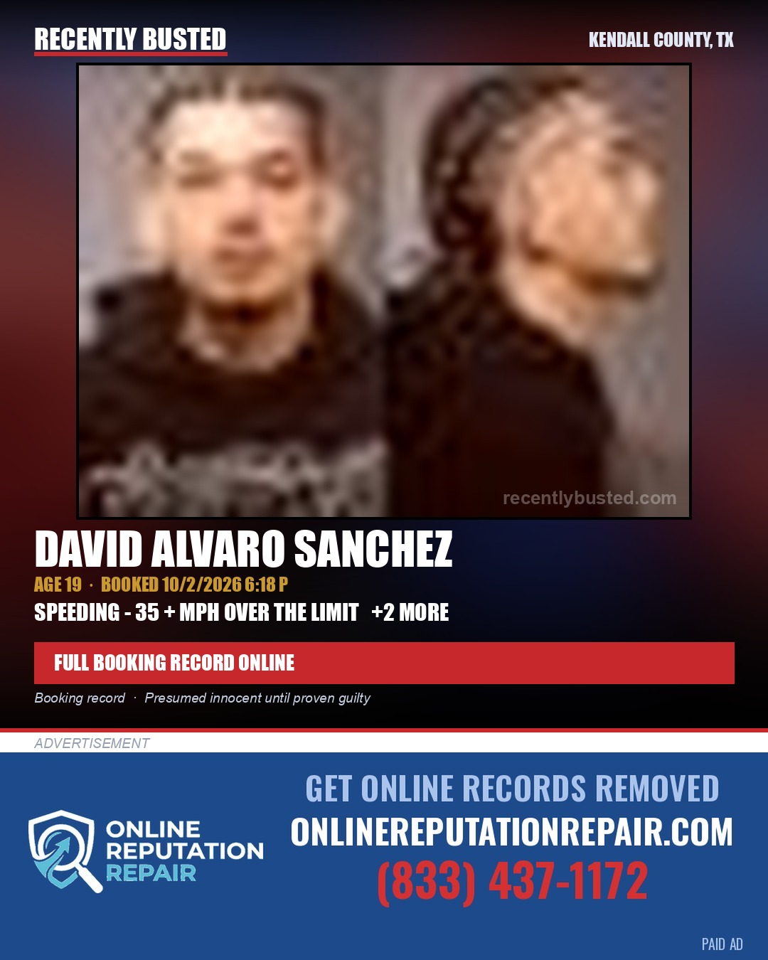 SANCHEZ, DAVID ALVARO — arrest record card, Kendall County, Illinois
