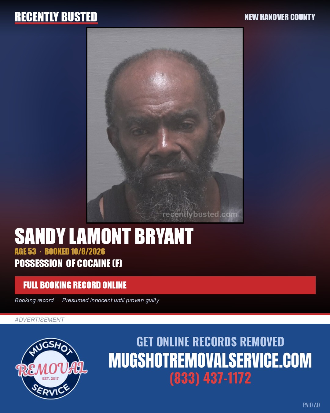SANDY LAMONT BRYANT — arrest record card, New Hanover County