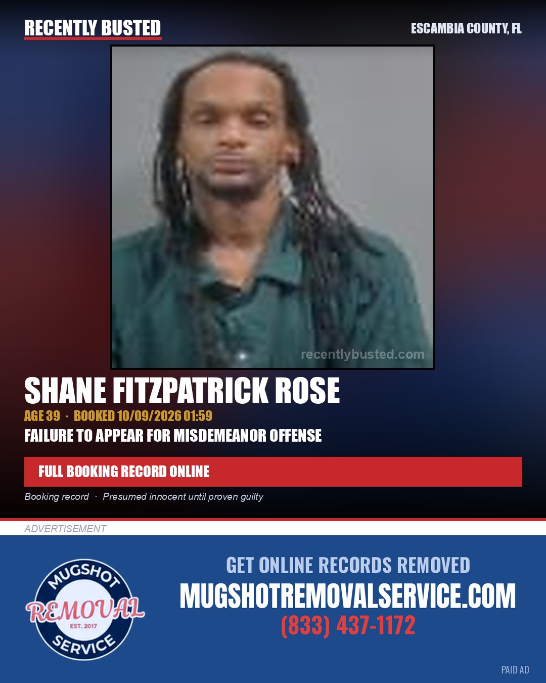 Shane Fitzpatrick Rose — arrest record card, Escambia County, Florida