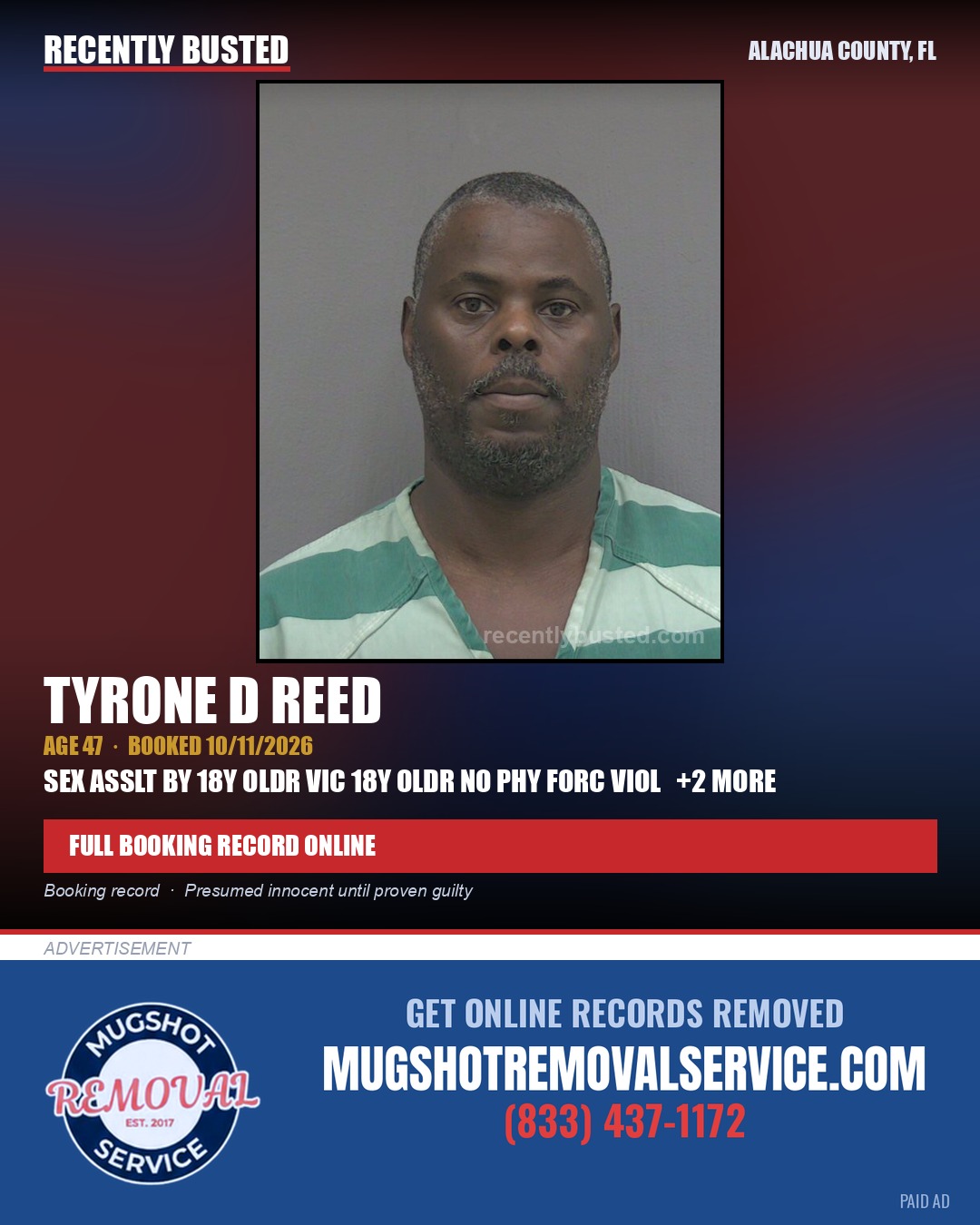 Tyrone D Reed — arrest record card, Alachua County, Florida