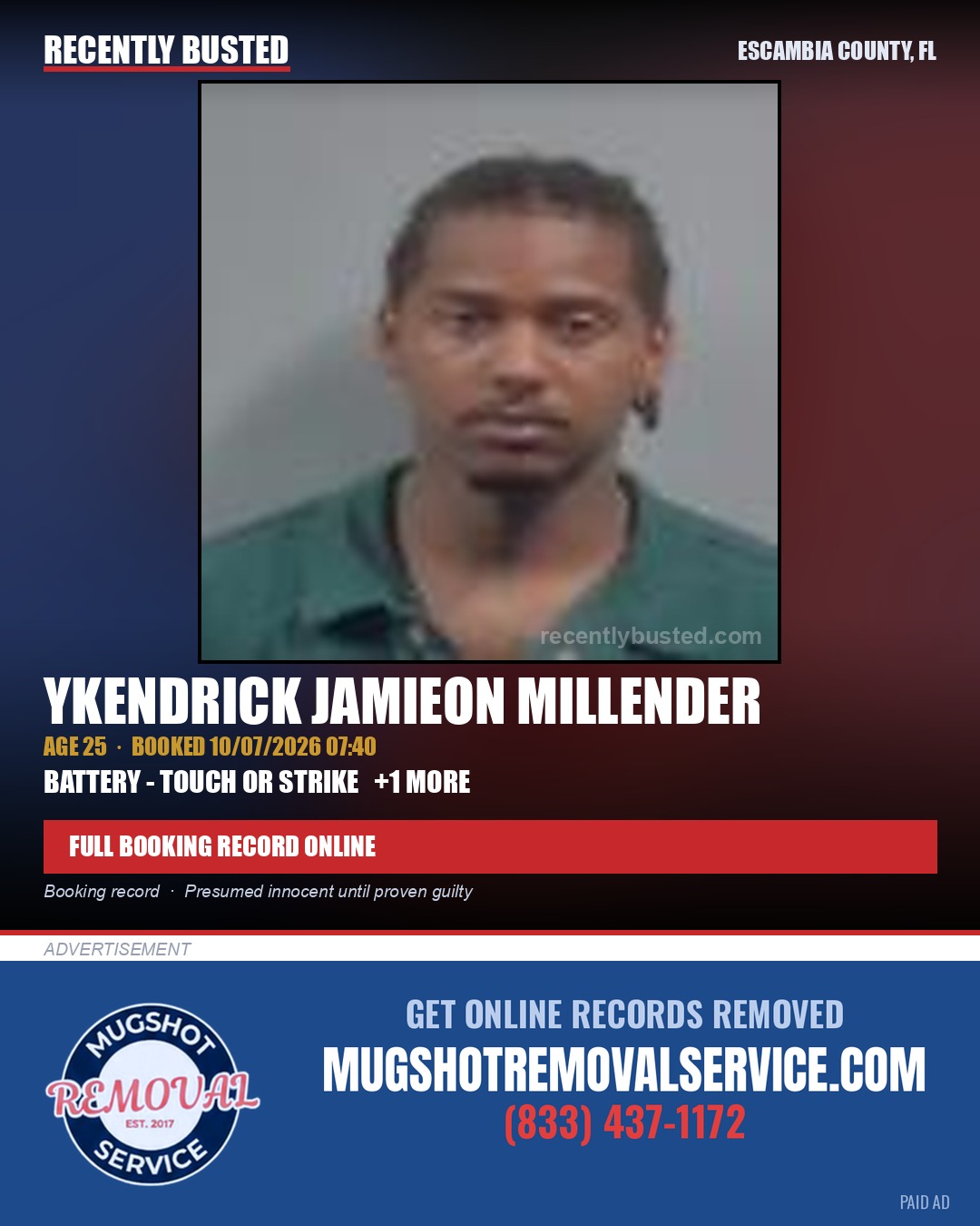 Ykendrick Jamieon Millender — arrest record card, Escambia County, Florida