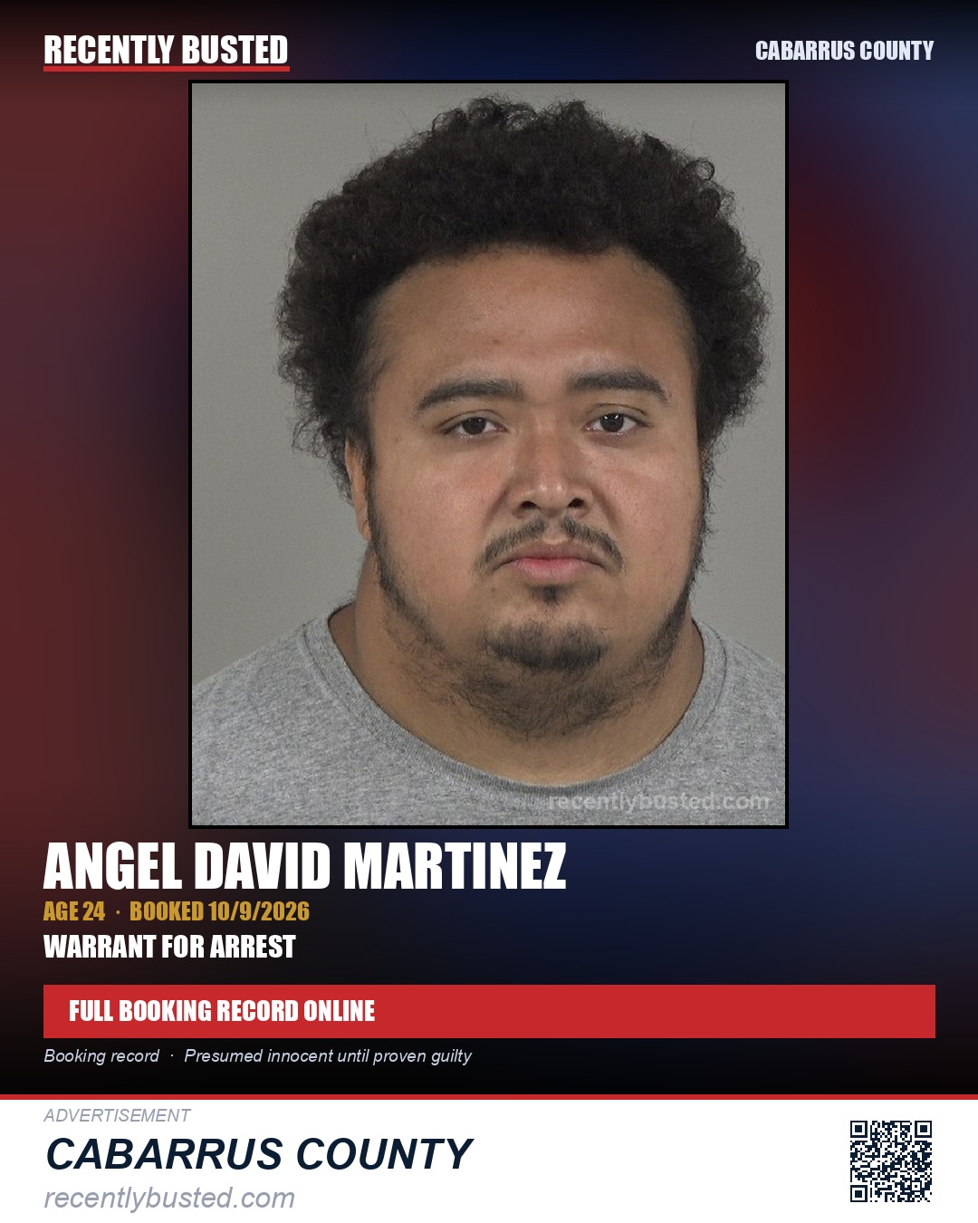 ANGEL DAVID MARTINEZ — arrest record card, Cabarrus County