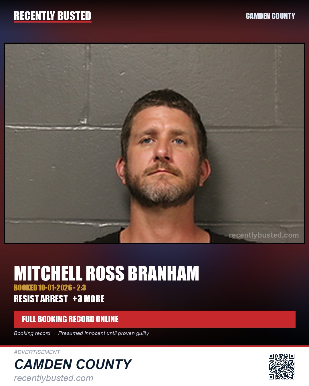 Branham, Mitchell Ross — arrest record card, Camden County