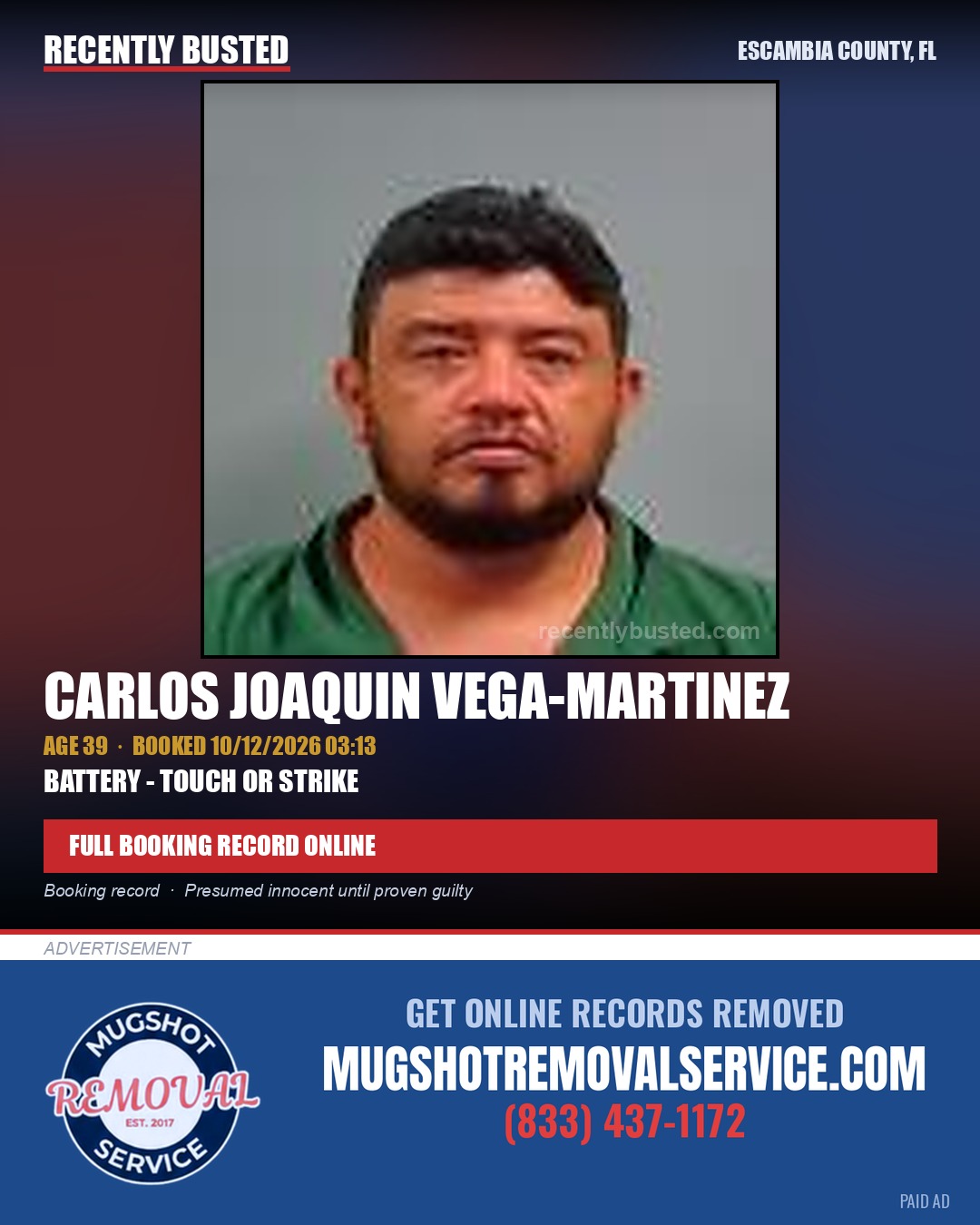 Carlos Joaquin Vega-Martinez — arrest record card, Escambia County, Florida