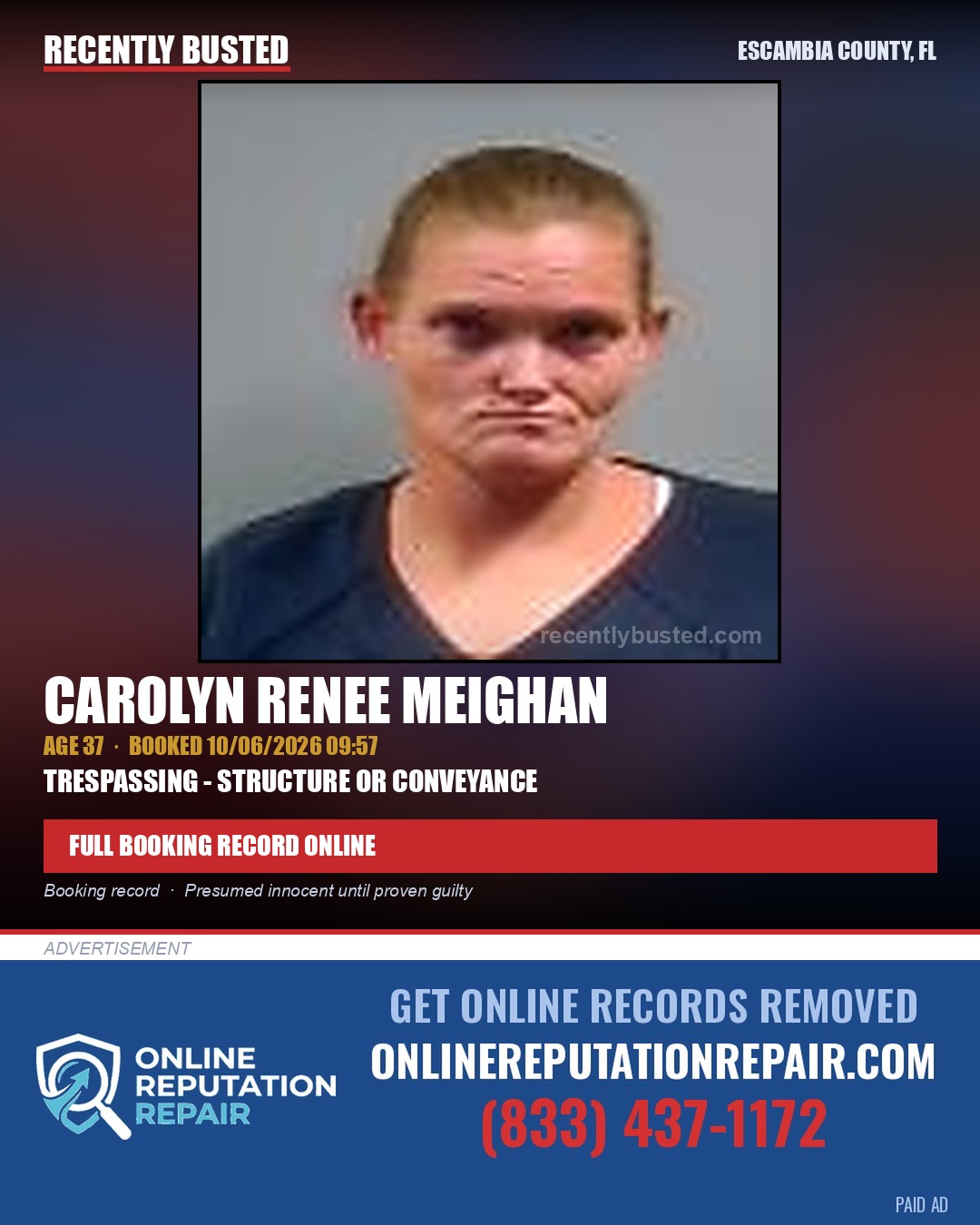 Carolyn Renee Meighan — arrest record card, Escambia County, Florida