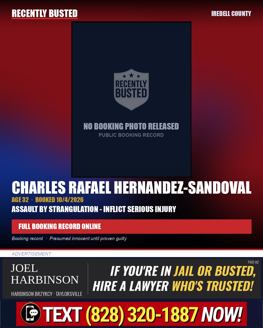 CHARLES RAFAEL HERNANDEZ-SANDOVAL — arrest record card, Iredell County