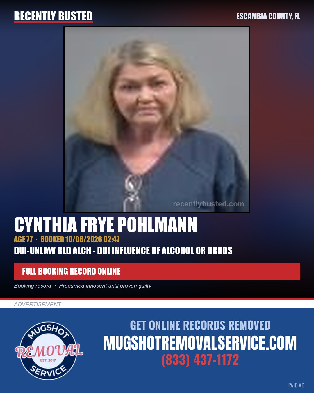 Cynthia Frye Pohlmann — arrest record card, Escambia County, Florida
