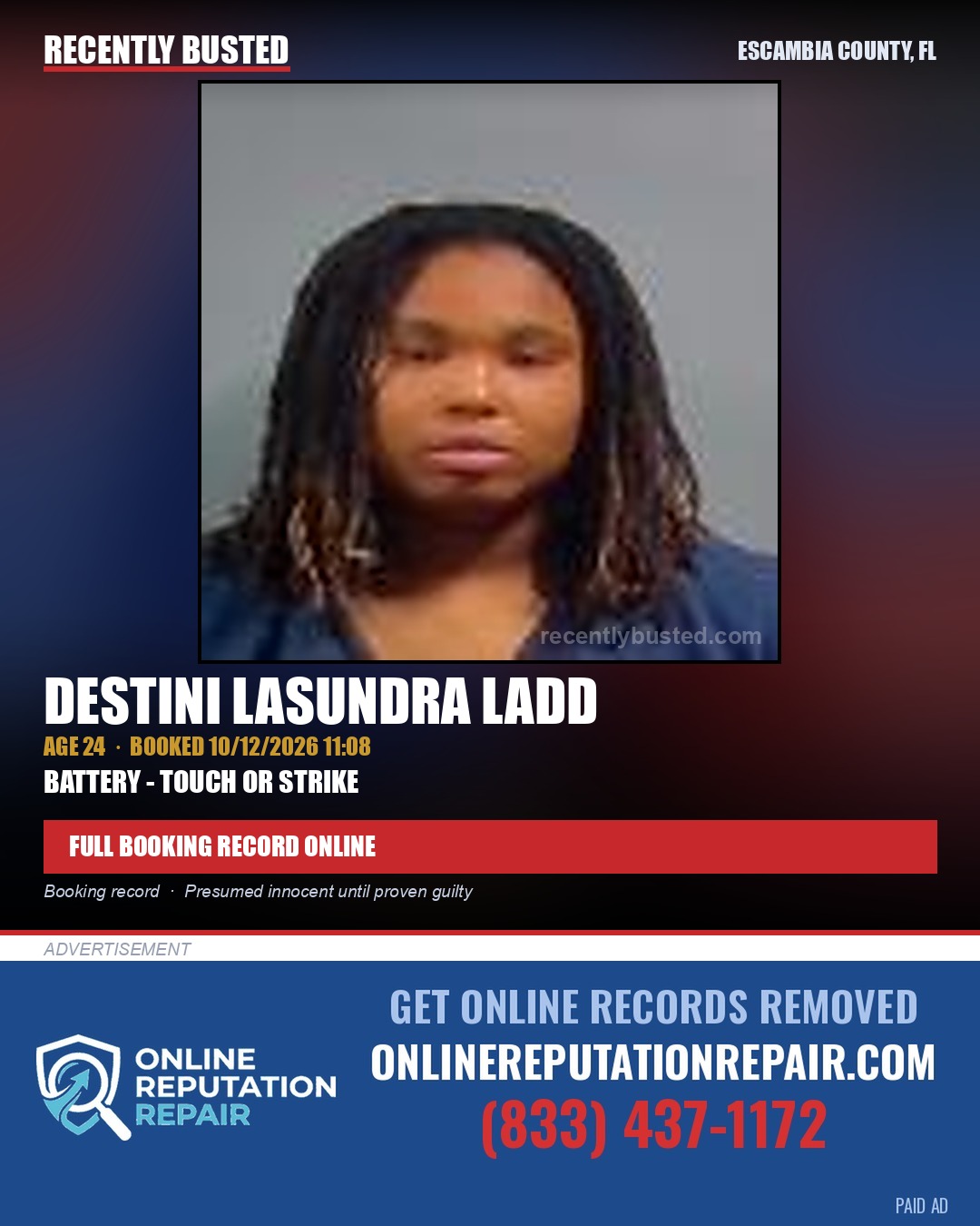 Destini Lasundra Ladd — arrest record card, Escambia County, Florida