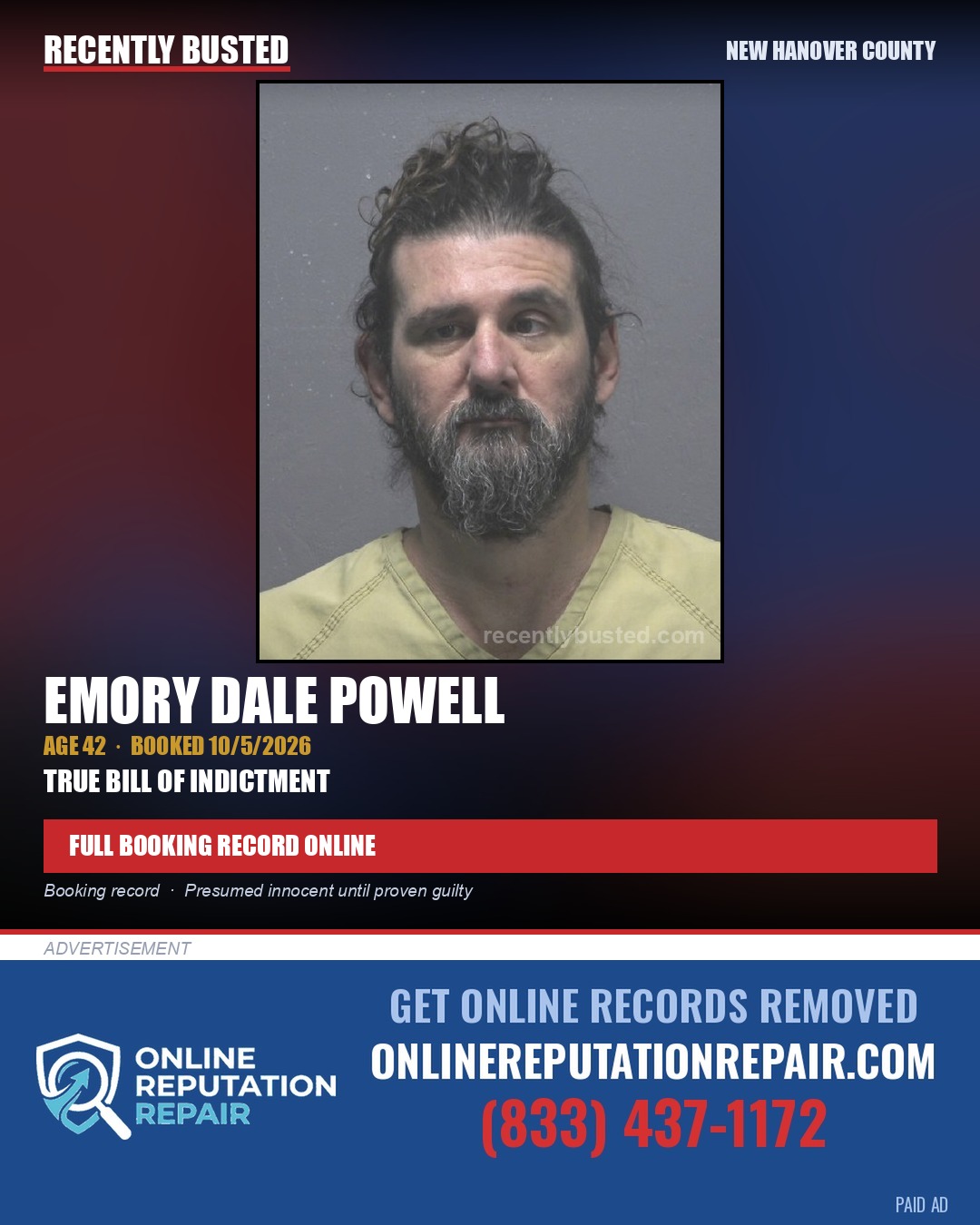 EMORY DALE POWELL — arrest record card, New Hanover County