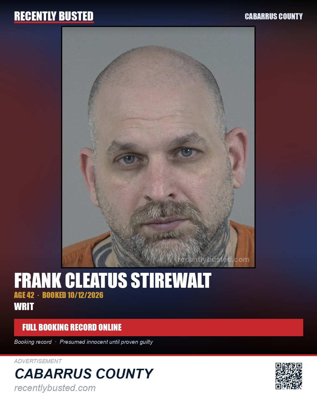 FRANK CLEATUS STIREWALT — arrest record card, Cabarrus County