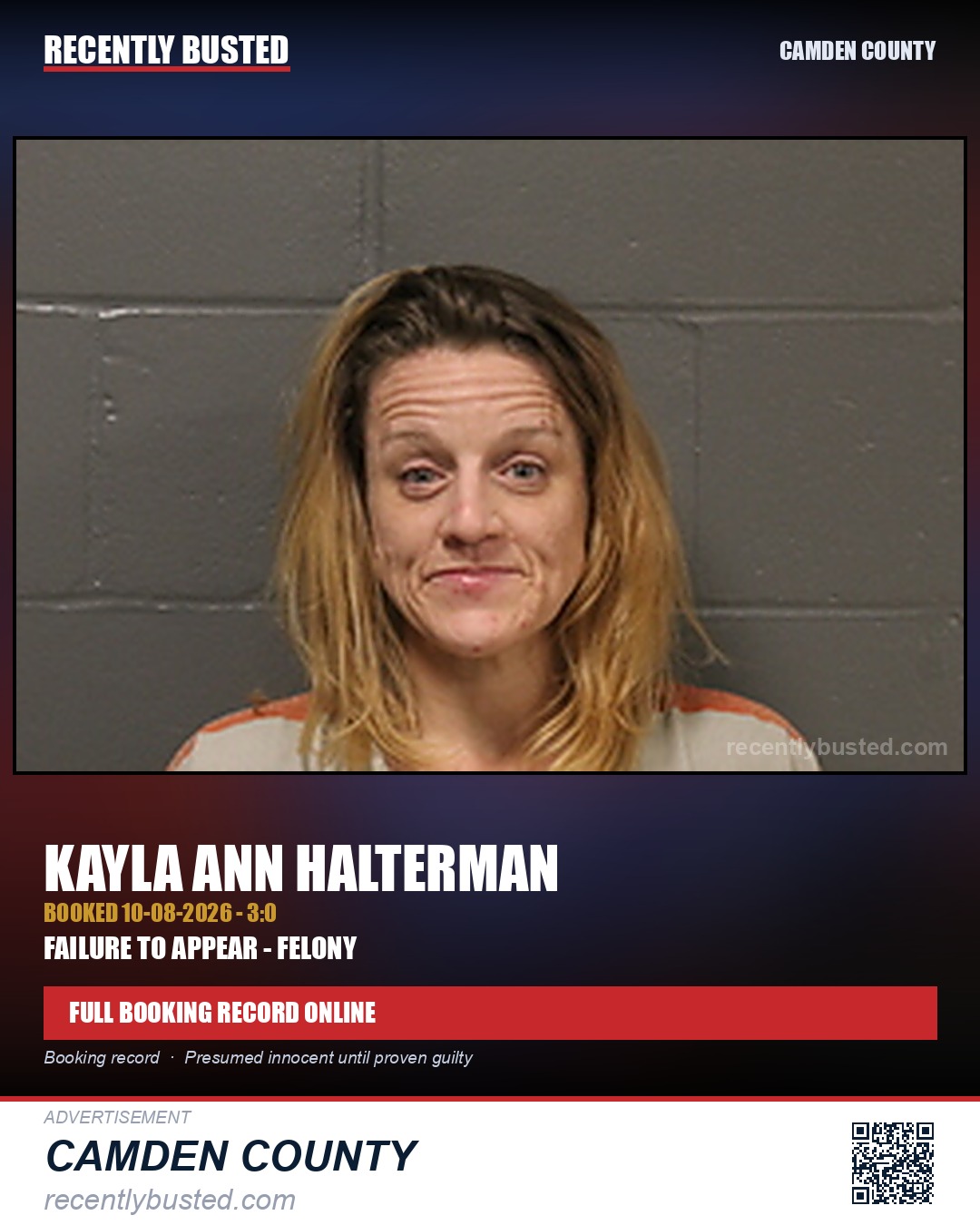 Halterman, Kayla Ann — arrest record card, Camden County
