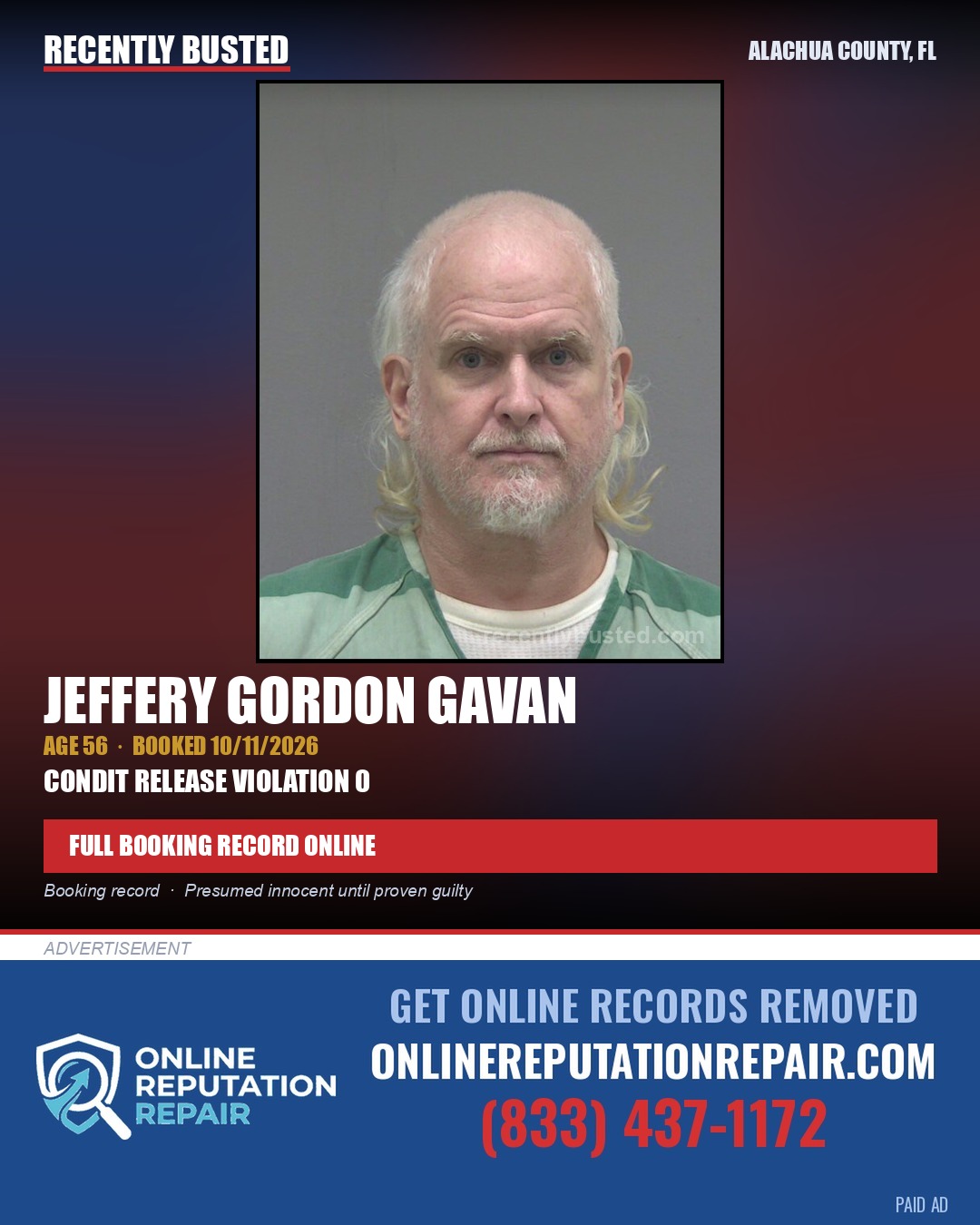 Jeffery Gordon Gavan — arrest record card, Alachua County, Florida