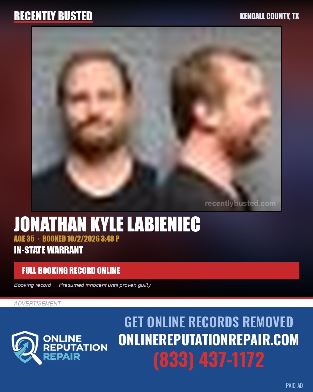 LABIENIEC, JONATHAN KYLE — arrest record card, Kendall County, Illinois