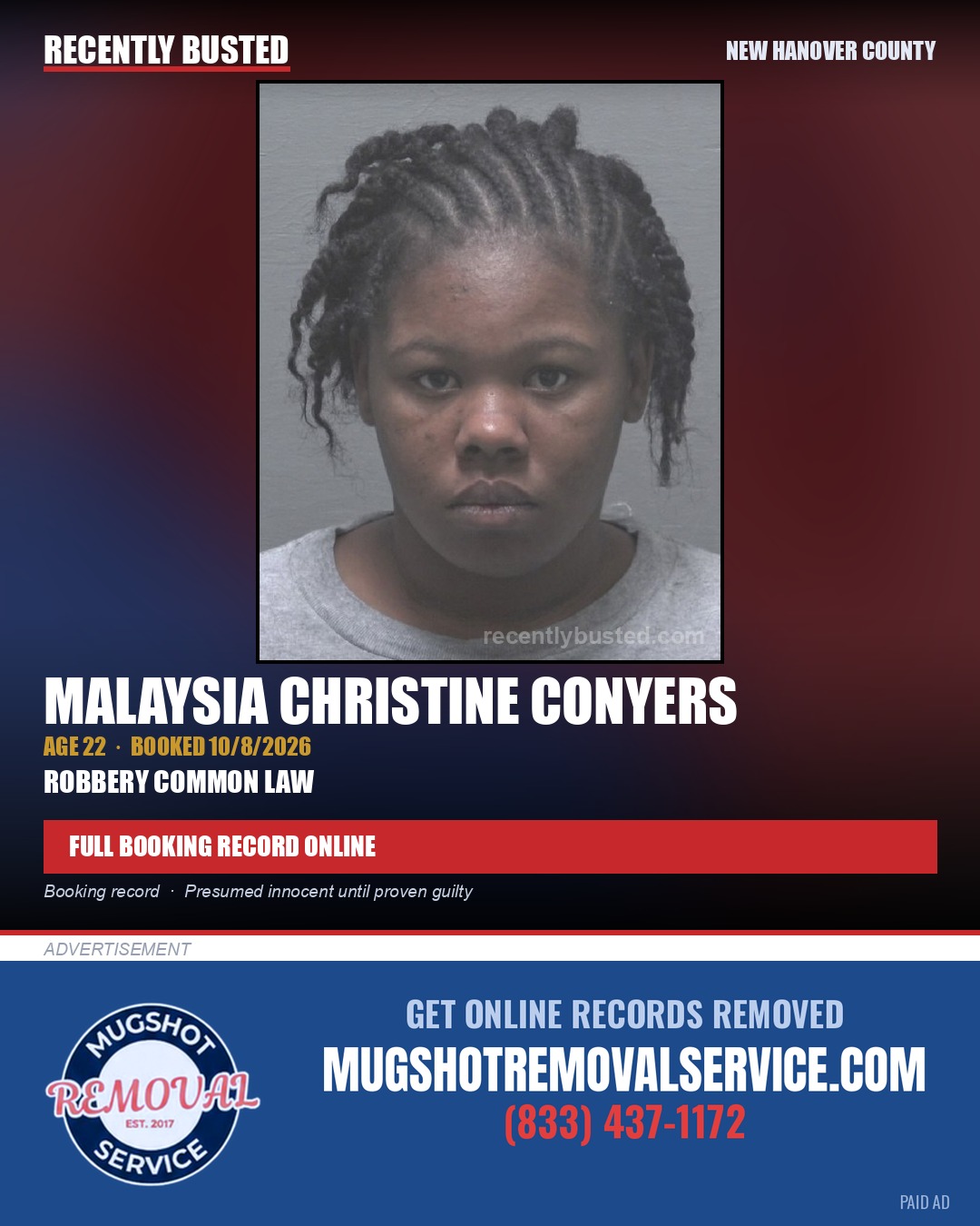 MALAYSIA CHRISTINE CONYERS — arrest record card, New Hanover County