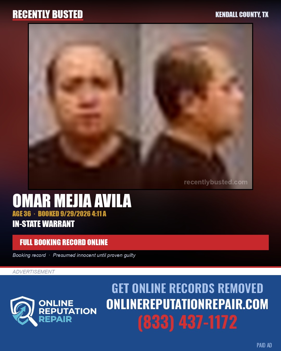 MEJIA AVILA, OMAR — arrest record card, Kendall County, Illinois