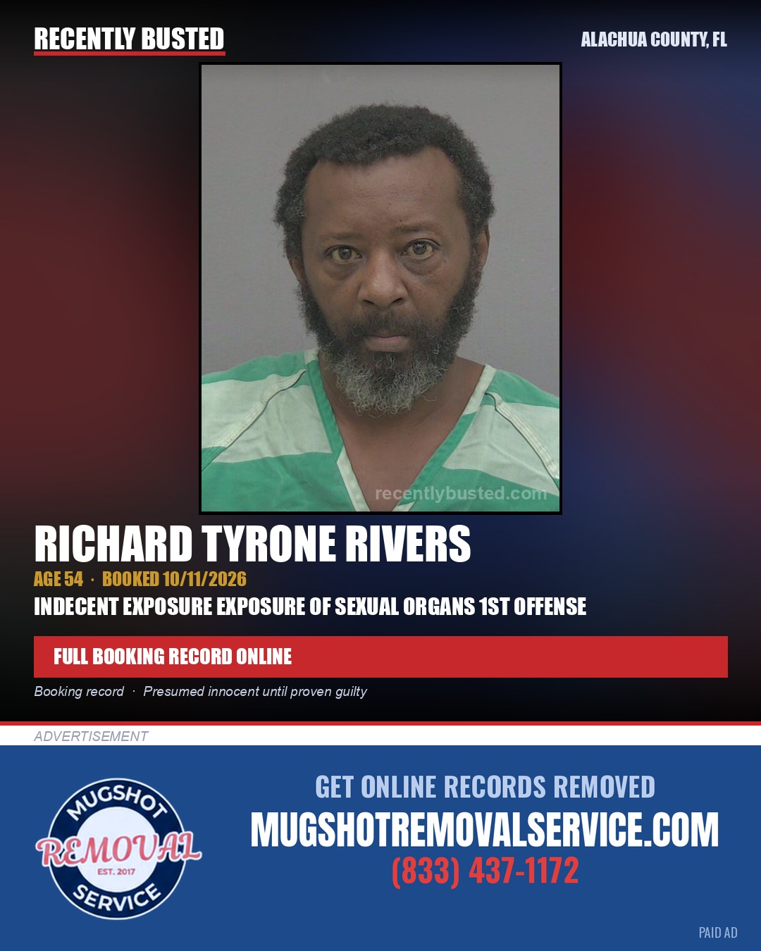 Richard Tyrone Rivers — arrest record card, Alachua County, Florida