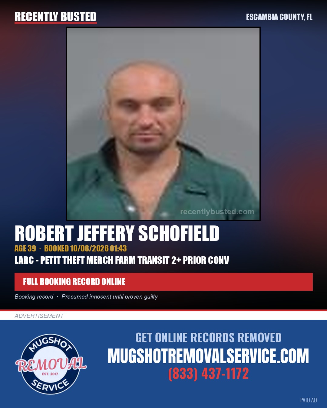 Robert Jeffery Schofield — arrest record card, Escambia County, Florida