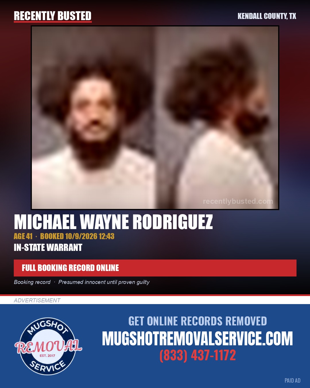 RODRIGUEZ, MICHAEL WAYNE — arrest record card, Kendall County, Illinois