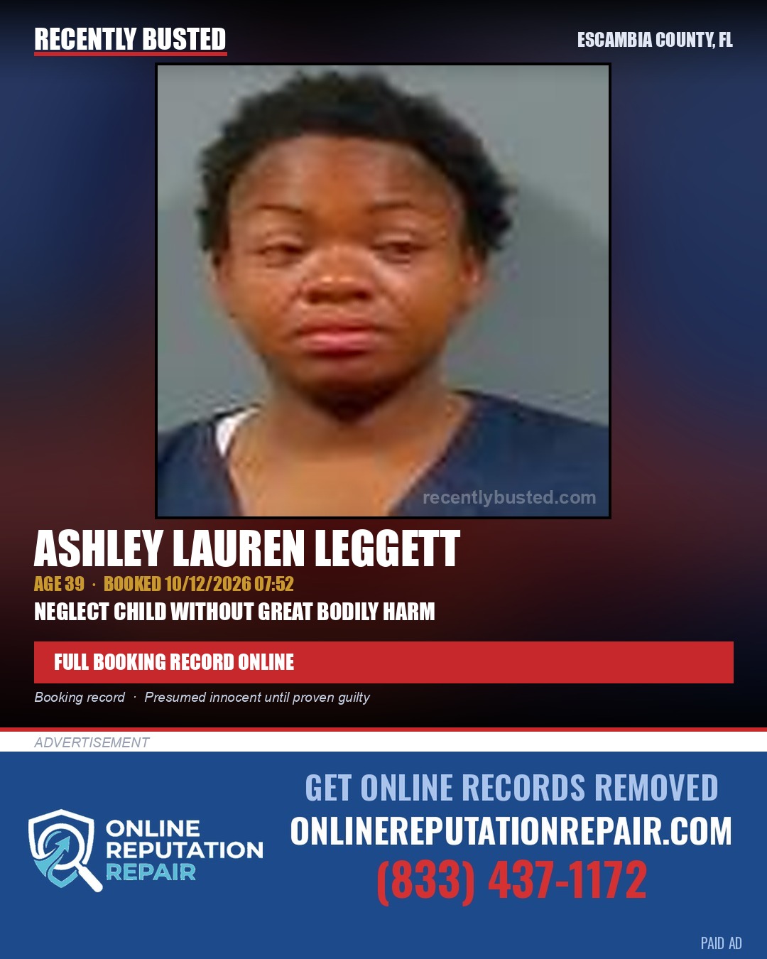 Ashley Lauren Leggett — arrest record card, Escambia County, Florida