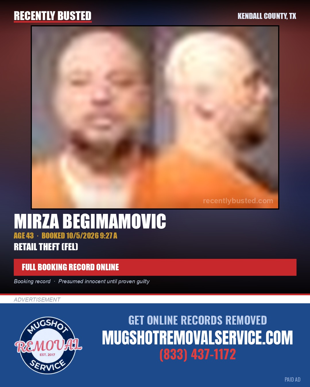 BEGIMAMOVIC, MIRZA — arrest record card, Kendall County, Illinois