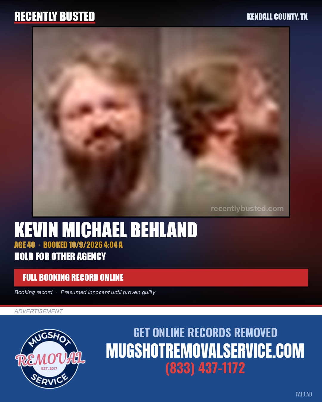 BEHLAND, KEVIN MICHAEL — arrest record card, Kendall County, Illinois