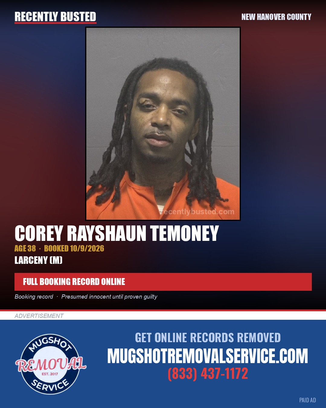 COREY RAYSHAUN TEMONEY — arrest record card, New Hanover County