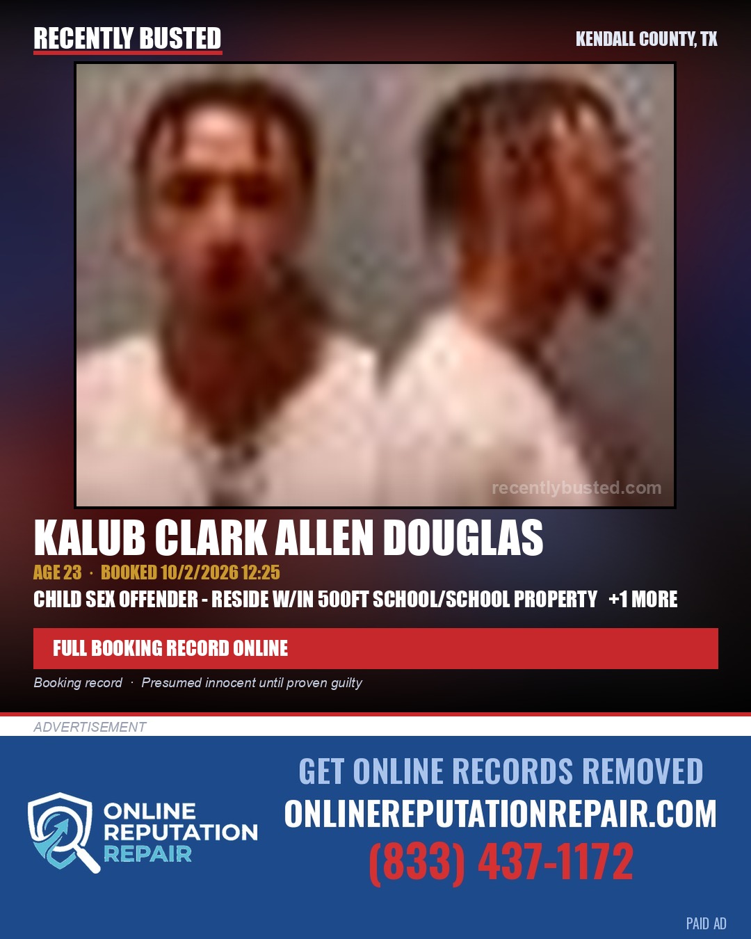 DOUGLAS, KALUB CLARK ALLEN — arrest record card, Kendall County, Illinois