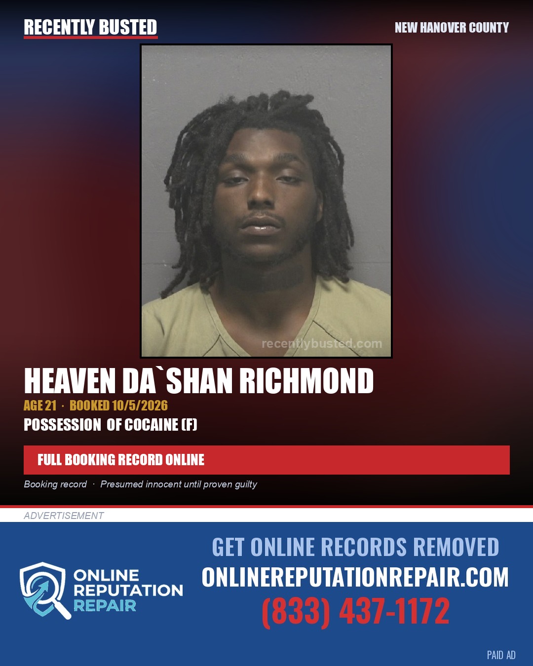 HEAVEN DA`SHAN RICHMOND — arrest record card, New Hanover County