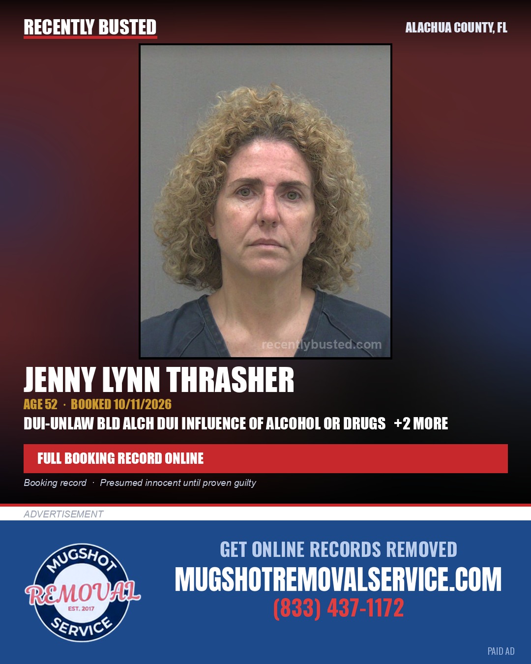 Jenny Lynn Thrasher — arrest record card, Alachua County, Florida