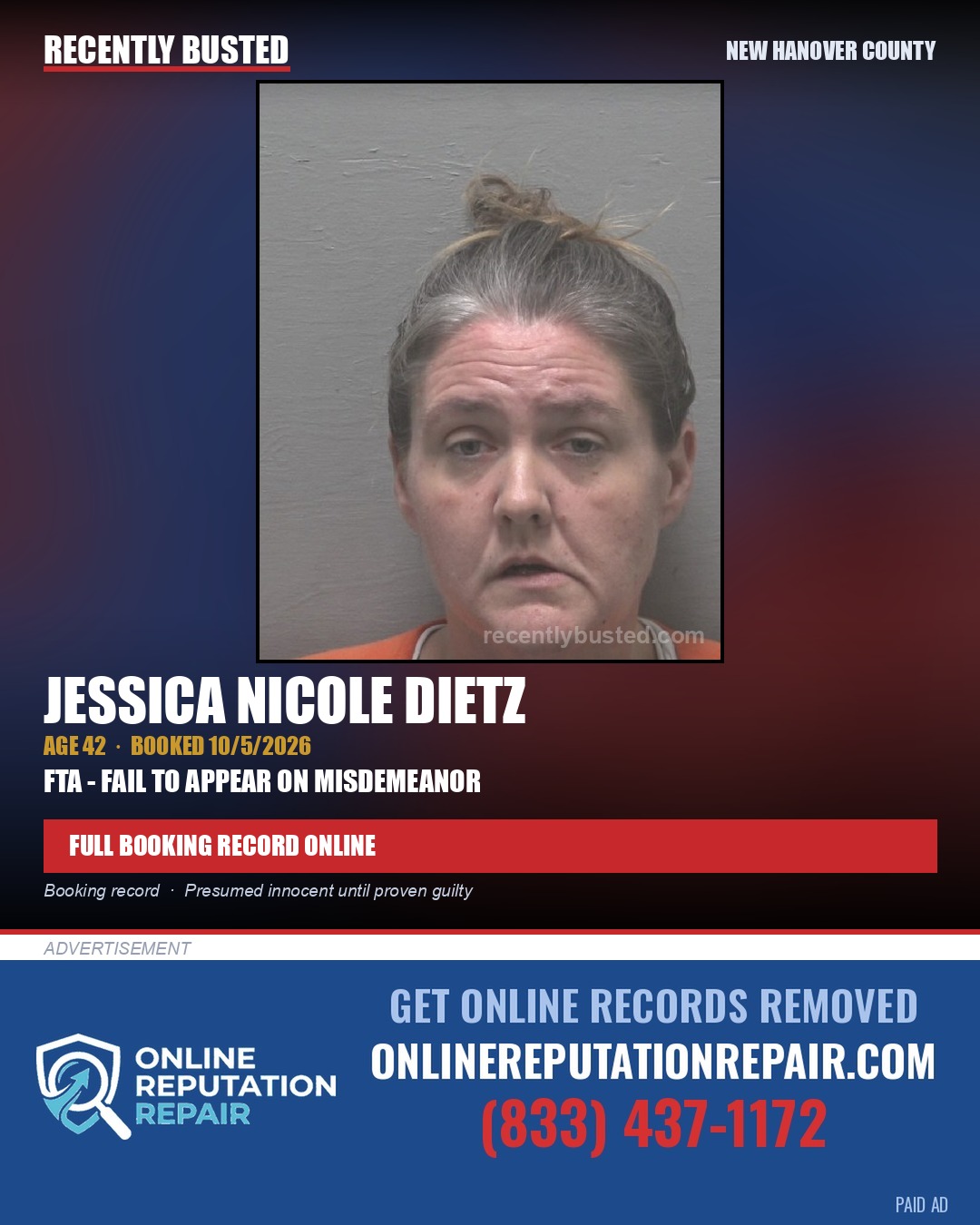JESSICA NICOLE DIETZ — arrest record card, New Hanover County